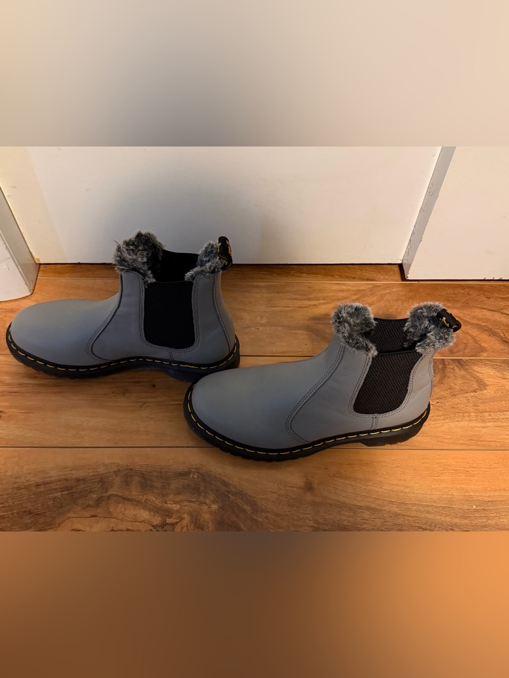 Dr. Martens women’s  Grey Faux-Fur Chelsea Boots- Airwair with bouncing soles